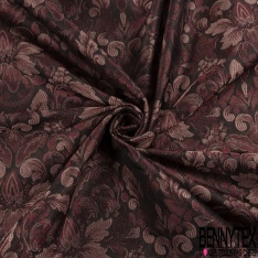 Brocart polyester fin rigide motif floral baroque ton noir soleil couchant