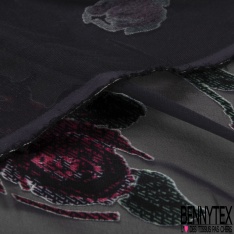 Mousseline soie viscose noir lancée découpée guirlande floral lurex or petite laize