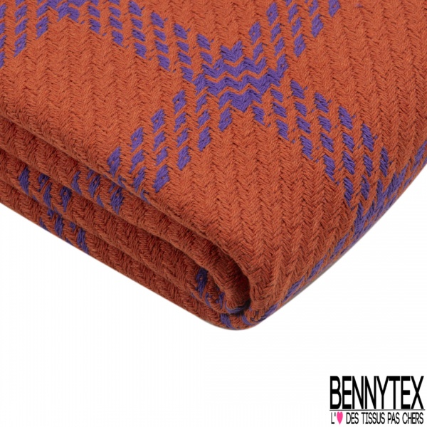 Coupon 3m coton natté motif quadrillage violet fond orange brûlée