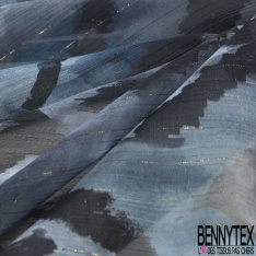 Coupon 3m mousseline crêpon polyester imprimé cachemire fond blanc hivernal rayure verticale lurex or