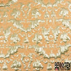 Brocart matelassé de luxe motif floral baroque jaune primevère fond ocre