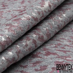Brocart de laine de luxe motif camouflage rouge cerise perle lurex argent