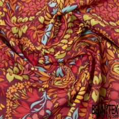 Coton crétonne grand imprimé floral folklorique multicolore fond marine