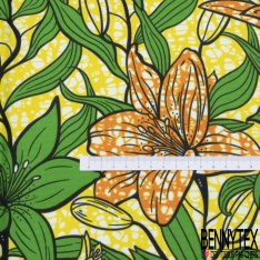 Coupon wax 6 yard imprimé grande fleur tropicale vert brésil orange marbré fond jaune marbré