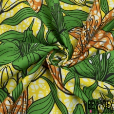 Coupon wax 6 yard imprimé grande fleur tropicale vert brésil orange marbré fond jaune marbré