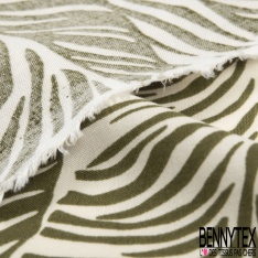 Fibranne viscose imprimé feuillage tropicale stylisé marine fond blanc cassé