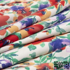 Fibranne viscose grand imprimé feuillage tropicale stylisé multicolore froid fond blanc discret