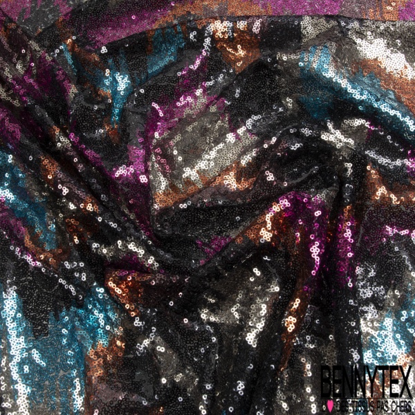 Résille élasthanne noir brodée vague horizontale sequin noir gazon or clair perle bleu roi rose vert d'eau