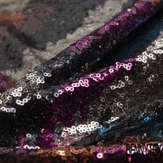 Résille élasthanne noir brodée vague horizontale sequin noir gazon or clair perle bleu roi rose vert d'eau