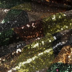 Résille élasthanne noir brodée motif abstrait sequin noir or foncé gazon anis auburn