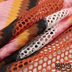 Guipure polyester effet psychédélique ton pétrole vert turquoise anis rouge violine blanc optique