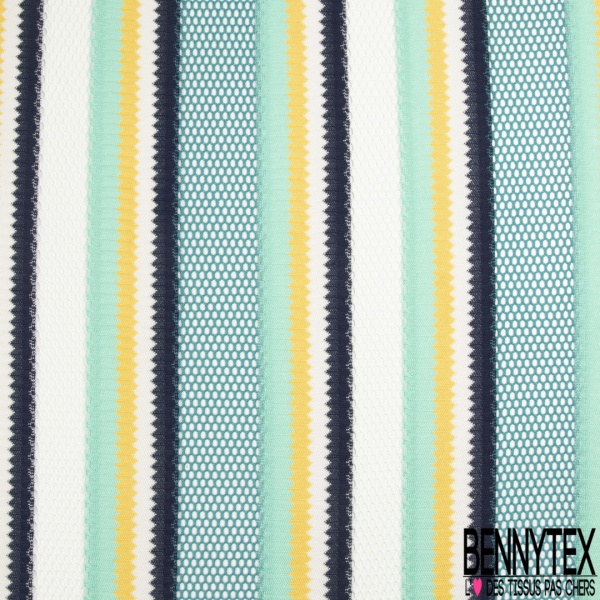 Guipure polyester rayure verticale blanc optique marine vert d'eau émeraude jaune soufre