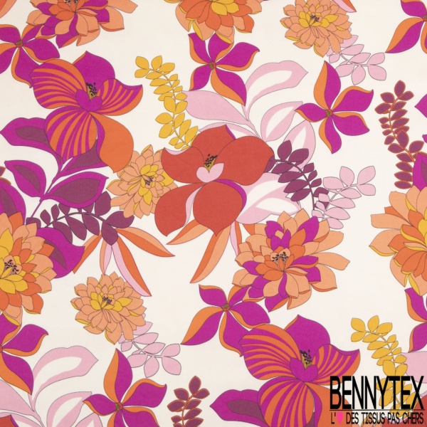 Twill satiné polyester imprimé floral japonisant fond lutin