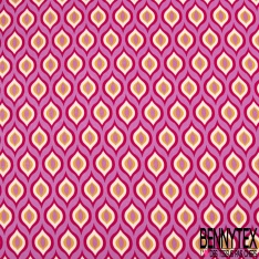 Satin polyester imprimé géométrique seventie's rétro ton pétrole canard blanc discret anis