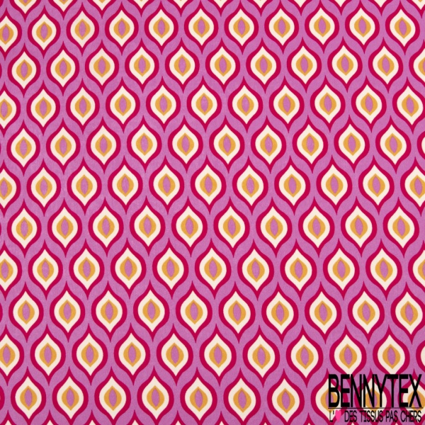 Satin polyester imprimé géométrique seventie's rétro ton pétrole canard blanc discret anis