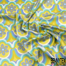 Satin polyester fin imprimé géométrique seventie's lavande orange orchidée émeraude anis blanc