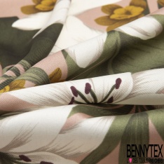 Twill satiné polyester imprimé floral et feuillage tropicaux foisonnant multicolores vintage