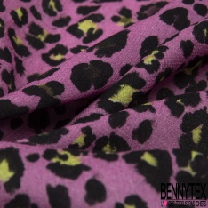 Crêpe viscose imprimé grande fleur peinte vert paon blanc cassé fond violet parachute