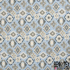 Jacquard coton polyester motif losange amérindien céladon blanc discret noir fond sable rose