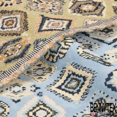 Jacquard coton polyester motif losange amérindien céladon blanc discret noir fond sable rose