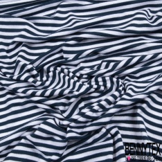 Jersey polyester fin motif rayure marinière fine horizontale marine blanc discret grande laize