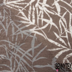 Jersey polyester fin flammé motif feuillage blanc optique fond lavande stamping estompé baroque