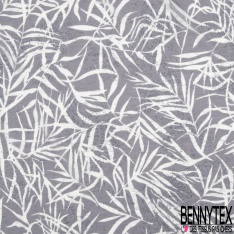 Jersey polyester fin flammé motif feuillage blanc optique fond taupe stamping estompé baroque