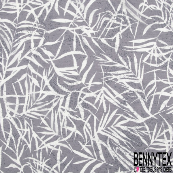 Jersey polyester fin flammé motif feuillage blanc optique fond taupe stamping estompé baroque