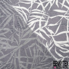 Jersey polyester fin flammé motif feuillage blanc optique fond taupe stamping estompé baroque