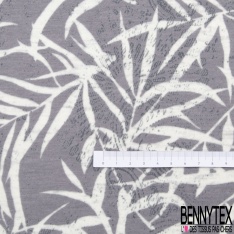 Jersey polyester fin flammé motif feuillage blanc optique fond taupe stamping estompé baroque