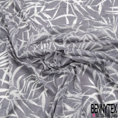 Jersey polyester fin flammé motif feuillage blanc optique fond taupe stamping estompé baroque