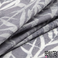 Jersey polyester fin flammé motif feuillage blanc optique fond taupe stamping estompé baroque