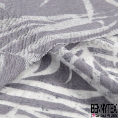 Jersey polyester fin flammé motif feuillage blanc optique fond taupe stamping estompé baroque