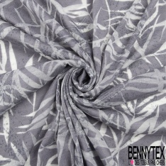 Jersey polyester fin flammé motif feuillage blanc optique fond taupe stamping estompé baroque