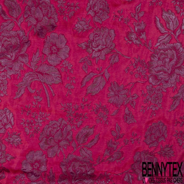 Brocart haute couture fin fabriqué en France motif floral baroque framboise fond changeant orchidée bleu roi