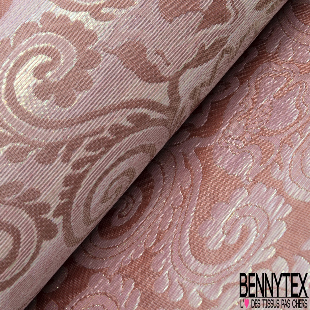 Brocart haute couture fabriqué en France motif floral cachemire vieux rose  lurex multicolore irisé