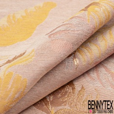 Brocart haute couture fabriqué en France motif plante tropicale lurex or rouille brun fond rose fumée