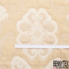 Jacquard coton polyester gaufré 3D motif amérindien fond blanc discret