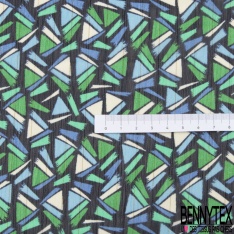 Coupon 3m mousseline krinkle polyester imprimé géométrique vert bleu blanc fond rayure verticale marine lurex or