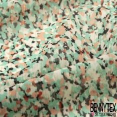 Coupon 3m mousseline krinkle polyester imprimé géométrique vert bleu blanc fond rayure verticale marine lurex or