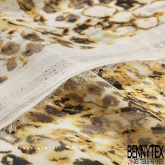 Coupon 3m mousseline krinkle polyester imprimé peau de bête camaïeu de bleu fond blanc discret fine rayure verticale lurex or