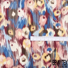 Coupon 3m mousseline krinkle imprimé patchwork amérindien nuit bleu roi framboise fond blanc cassé fine rayure lurex or