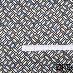 Satinette polyester imprimé géométrique noir blanc discret point pervenche