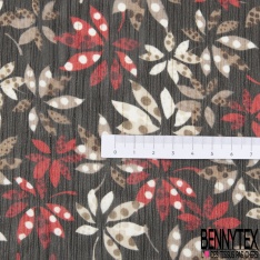 Coupon 3m mousseline krinkle imprimé plante tropicale bordeaux citron corail olive fond fine rayure verticale lurex or