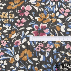 Coupon 3m mousseline krinkle imprimé rosace stylisée gazon fond blanc discret fine rayure verticale lurex or