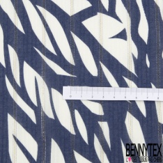 Fibranne viscose crépon imprimé feuillage abstrait arctique blanc optique fine rayure verticale or et argent