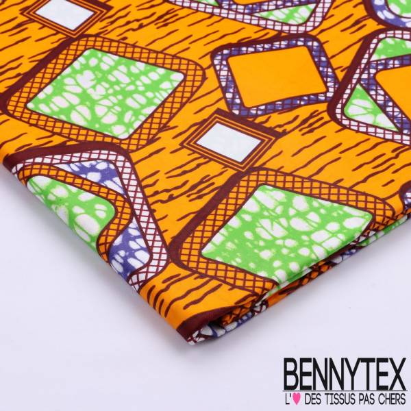 Wax Africain N°100 : Motif Graphique Ton Vert Bleu Orange Wax Africain N°100 : Motif Graphique Ton Vert Bleu Orange