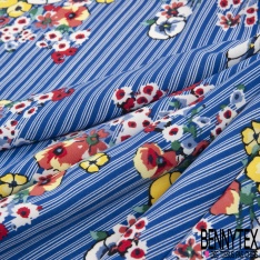 Coupon 3 m Microfibre impression bouquet folklorique fond fine rayure fantaisie verticale bleu très vif blanc optique