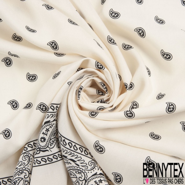fibranne viscose panneau haute couture motif cachemire noir fond crème