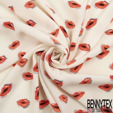 Crêpe viscose fin imprimé bouche d'amour rouge fond blanc cassé